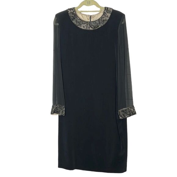 Oleg Cassini Black Tie Formal Shift Black 
Dress Beaded Neckline and Cuffs - Picture 1 of 15